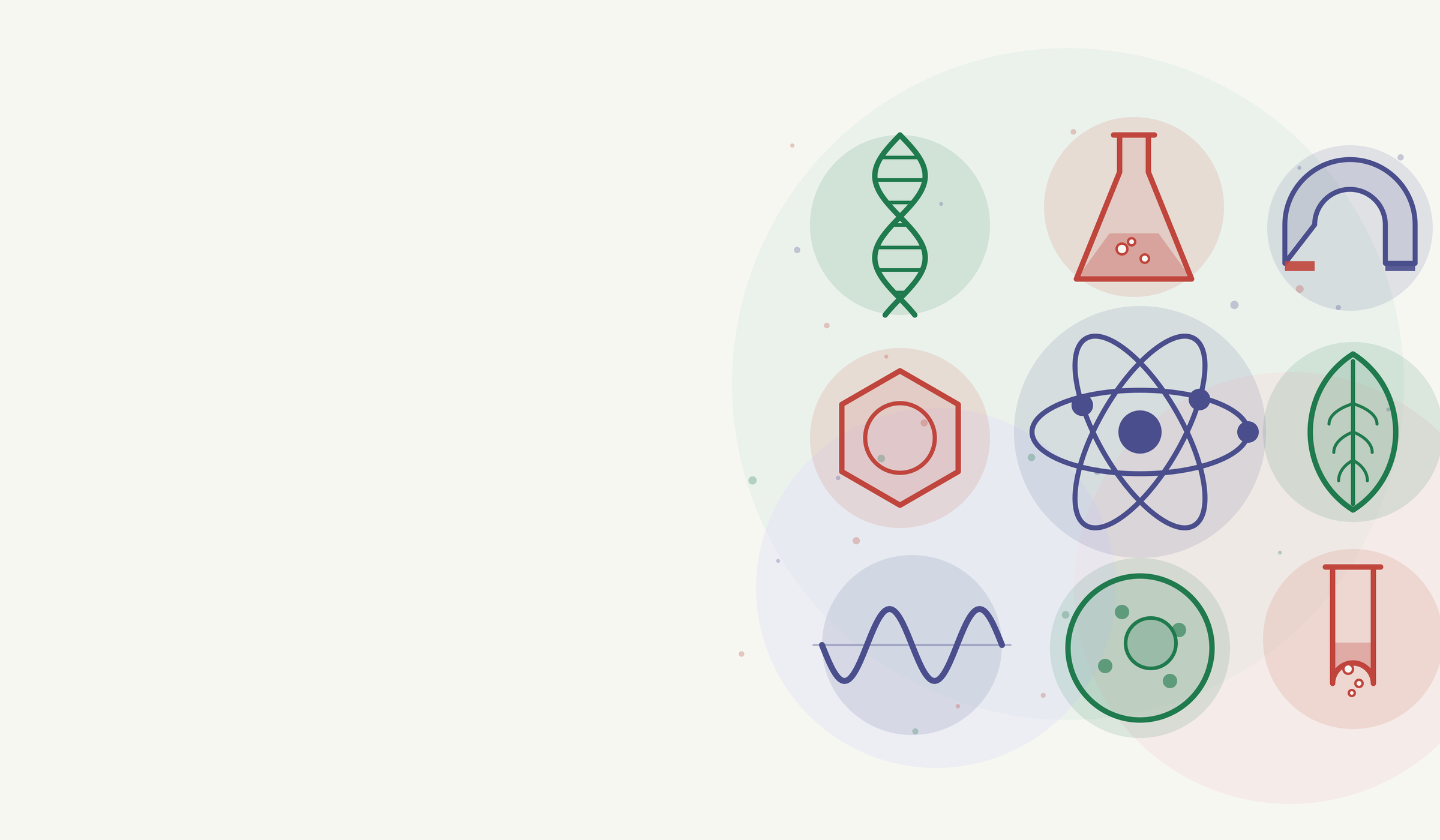Illustrated Biology, Chemistry and Physics motifs in the brand colours: a DNA helix, leaf and cell in green; a conical flask, benzene ring and test tube in red; and an atom, wave and magnet in indigo.